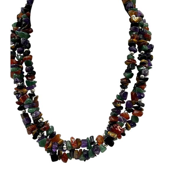 Sterling Silver 925 Multi-Strand Semiprecious Chip Bead‎ Necklace 18” Gemstone